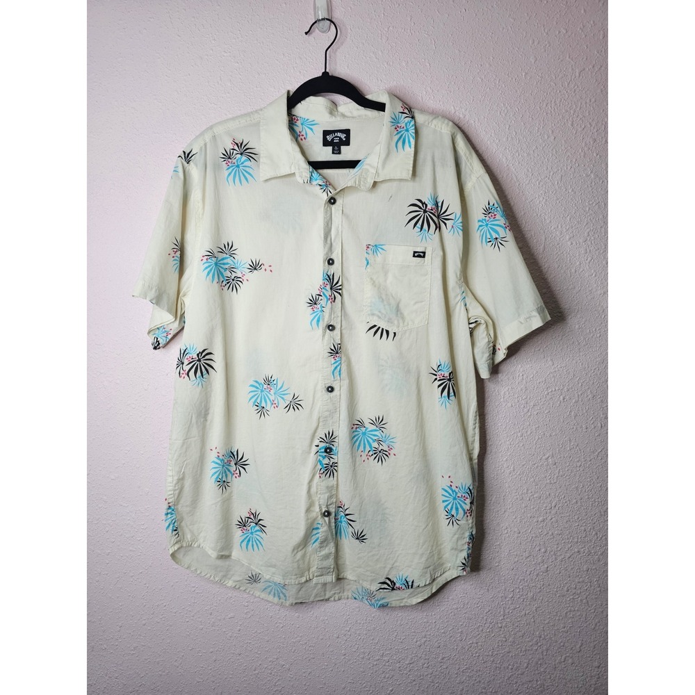 Billabong Mens Large Off-White Blue Tropical Palm Leaf Cotton Button Down Shirt